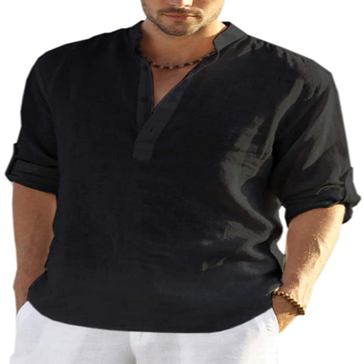 Chemise Décontractée Homme Coton Lin Couleur Unie Manches Longues Col Montant Ample