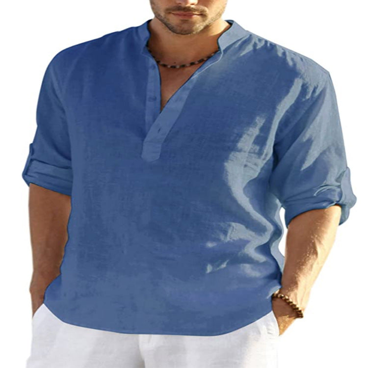 Chemise Décontractée Homme Coton Lin Couleur Unie Manches Longues Col Montant Ample