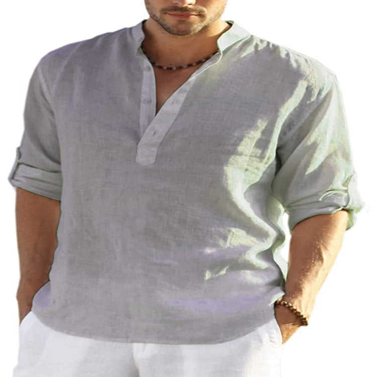 Chemise Décontractée Homme Coton Lin Couleur Unie Manches Longues Col Montant Ample