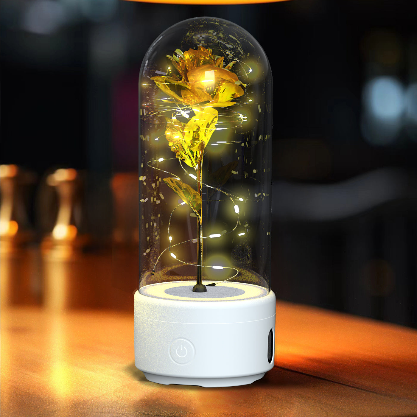 Veilleuse créative 2 en 1 avec fleurs roses, lampe LED et haut-parleur compatible Bluetooth, cadeau de Saint-Valentin, ornement lumineux en forme de rose sous cloche en verre