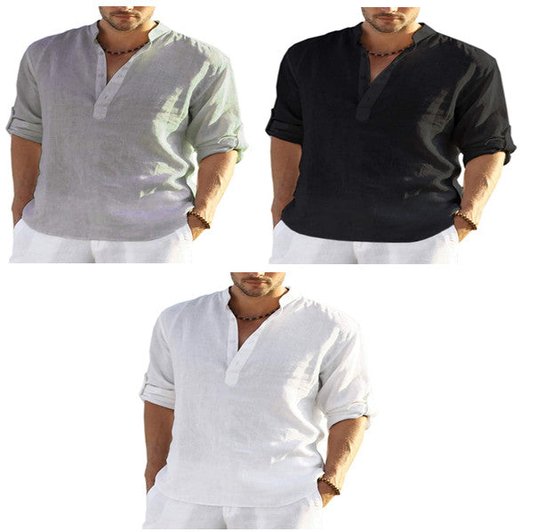 Chemise Décontractée Homme Coton Lin Couleur Unie Manches Longues Col Montant Ample