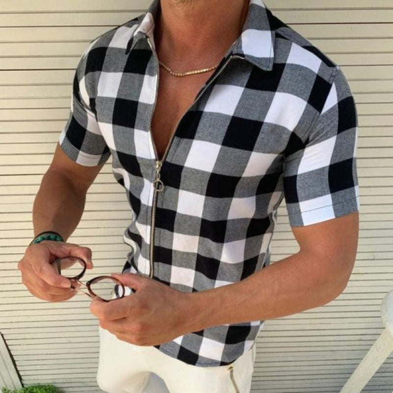 Chemise à carreaux pour hommes, à manches courtes et fermeture éclair, vêtements d'été pour hommes
